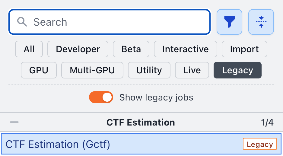 CryoSPARC legacy job toggle in job builder showing CTF Estimation (Gctf)