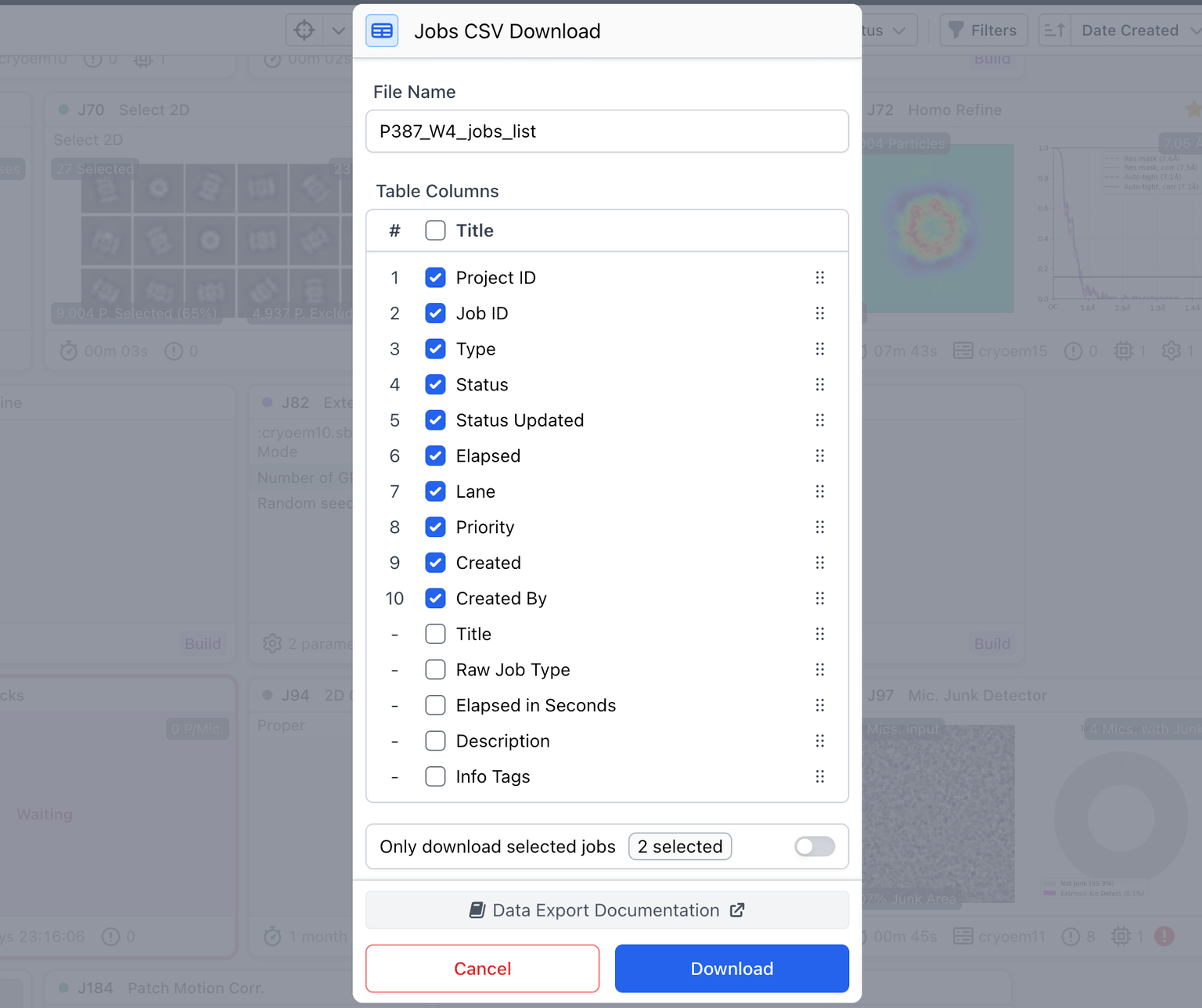 Download job CSV with info tags