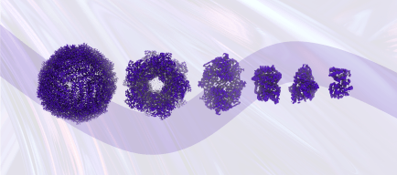 Modern purple abstract background with aligned series of cryo-EM structures 