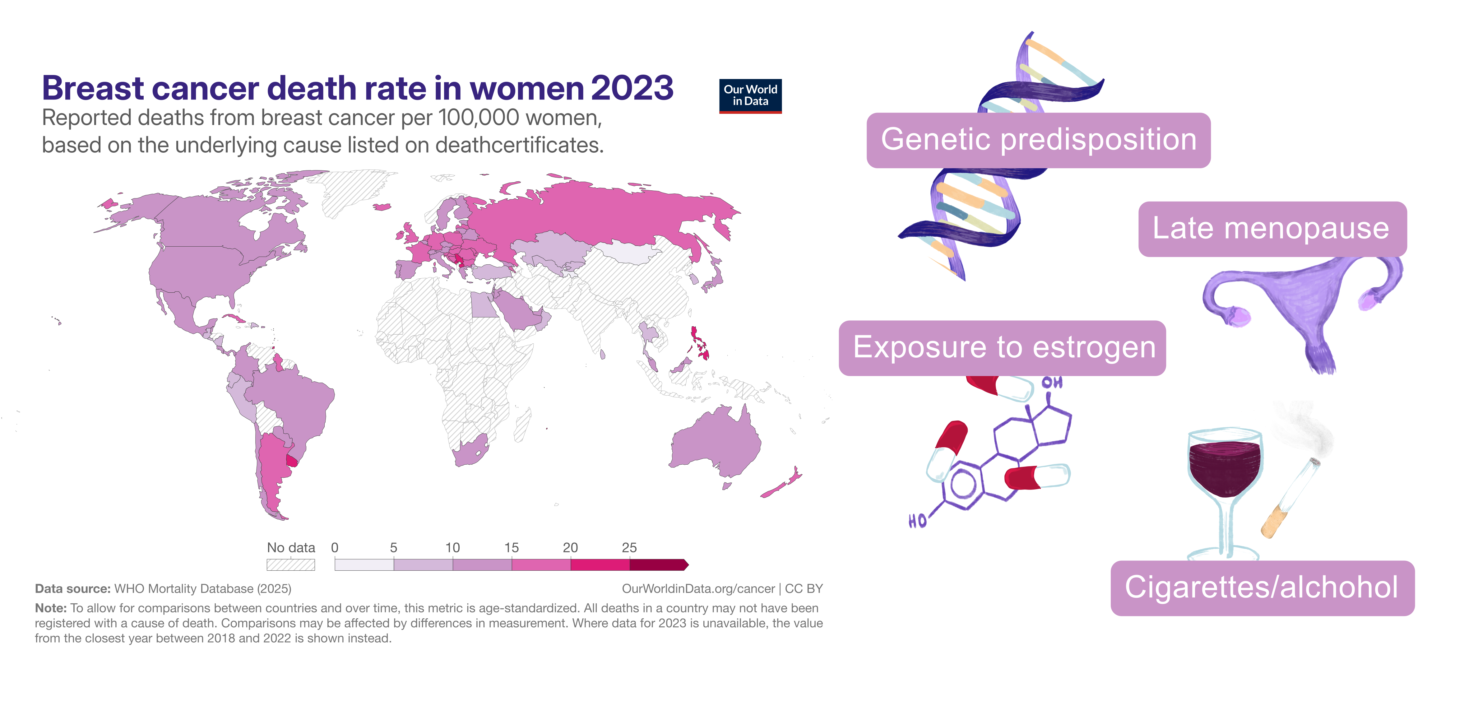 World map of breast cancer death rates in women in 2023 alongside examples of breast cancer risk factors